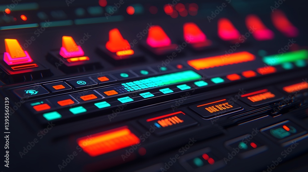 Futuristic Control Panel with Glowing Buttons and Digital Interface, Technology Aesthetic with Neon Colors.