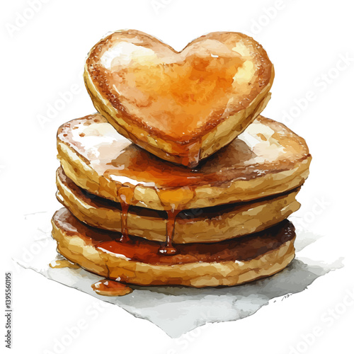 Heart-shaped pancake, watercolor illustration, isolated on a white background.

