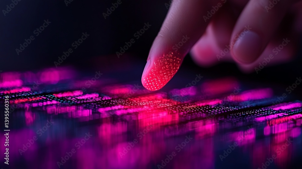 Finger Interacting with Futuristic Interface Displaying Red and Purple Lights, Illustrating Innovation and Technological Advancement.