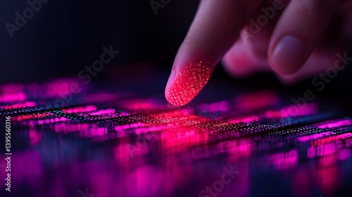 Obraz na płótnie Finger Interacting with Futuristic Interface Displaying Red and Purple Lights, Illustrating Innovation and Technological Advancement. w salonie