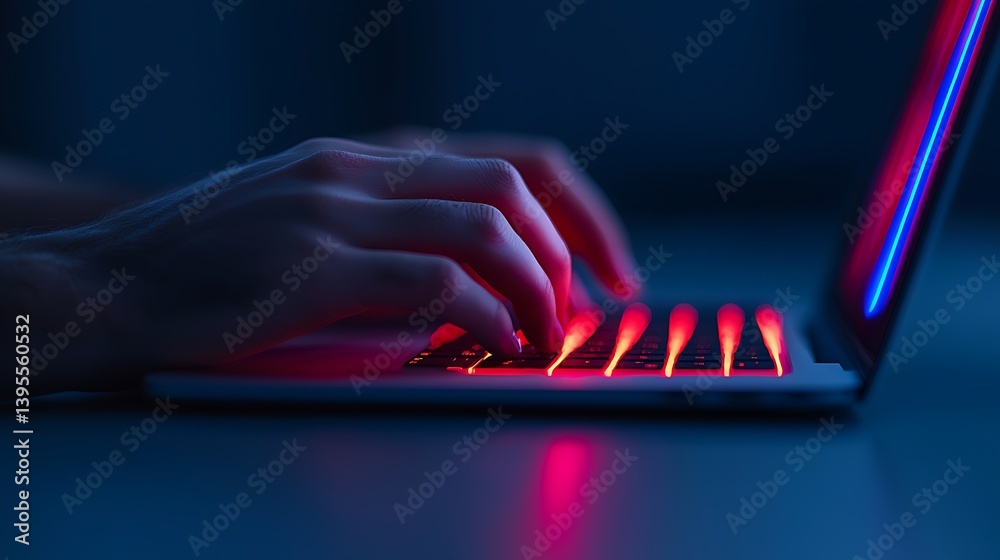 Hands typing on illuminated laptop keyboard in a darkened room, modern workspace concept with colorful lights.