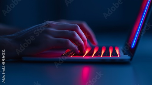 Obraz na płótnie Hands typing on illuminated laptop keyboard in a darkened room, modern workspace concept with colorful lights. w salonie