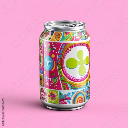 Colorful and Vibrant Soda Can with Artistic Design on Pink Background