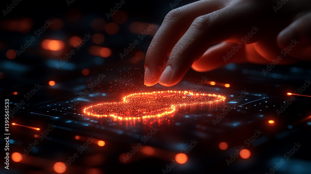 Finger Interacting with a Glowing Digital Cloud on an Advanced Technological Circuit Board Interface.