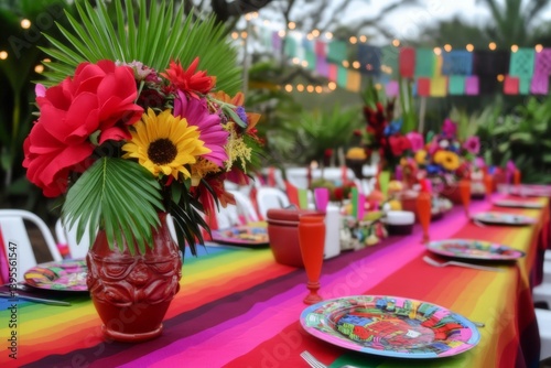 Outdoor table covered in rainbow cloth with vivid flowers, festive mood radiates joy, flowers shine in bright tones, flowers bring energy, flowers create vibrant accents.
