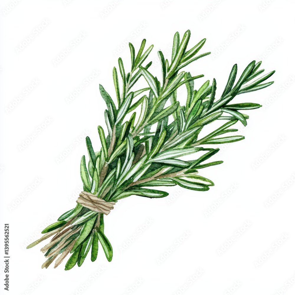 Fototapeta premium Watercolor Illustration of Fresh Green Rosemary Bundle Tied with Twine on White