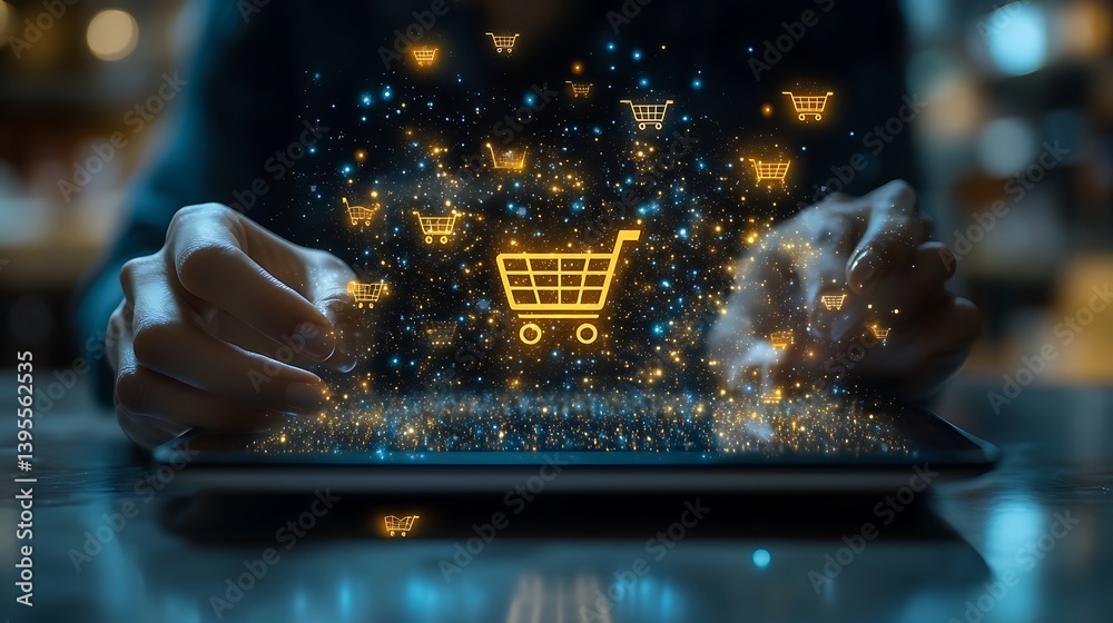 Digital Shopping Experience: Person Using Tablet with Glowing Cart Icons for Online Marketplace and E-Commerce Transactions.