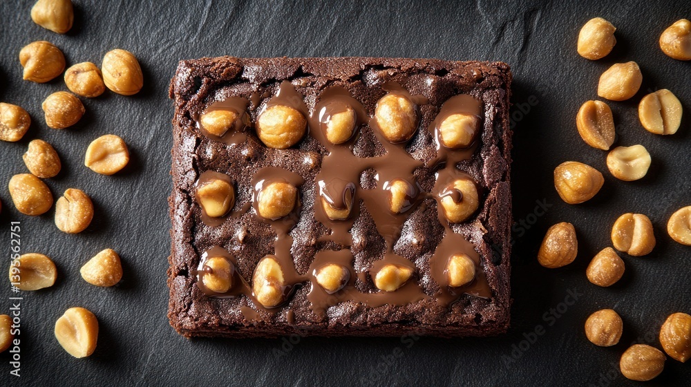 Square brownie with chocolate drizzle and nuts Square brownie with chocolate drizzle and nuts