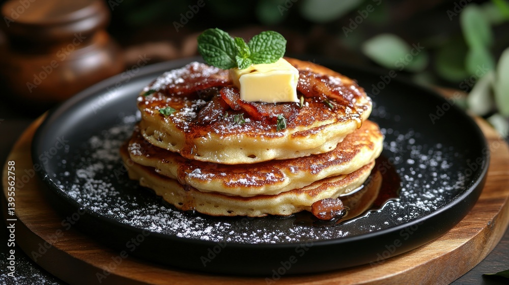 Stack of delicious pancakes topped with bacon, butter, and mint