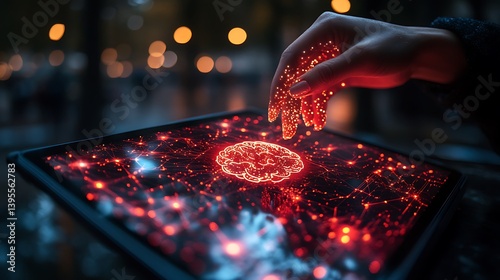 Obraz na płótnie Hand Interacting with Digital Interface Displaying a Glowing Brain Concept, Data Connection and Technology. w salonie
