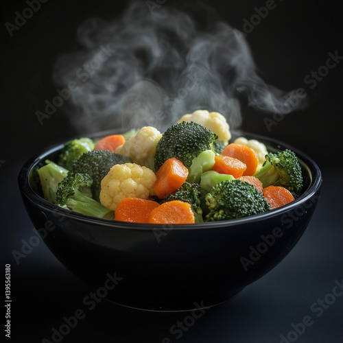 The steam from the vegetables carrot broccoli Cauliflower in a black bowl, a steaming. Boiled hot Healthy food on table on black background,hot food and healthy meal concept