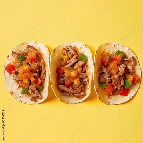 three mexican pork carnitas tacos flat lay composition 