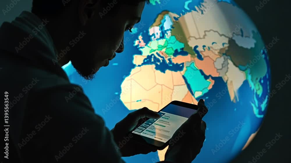 Global Connectivity: Man Navigating the World Through Mobile Technology and Communication