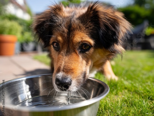 Dog Drinking Clean Water from Bowl in Outdoor Setting
