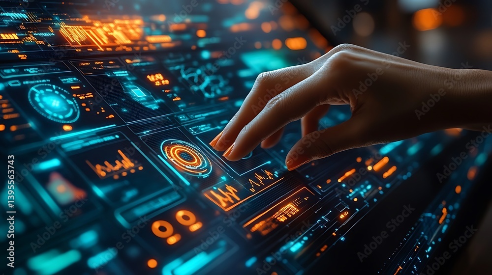 Hand Interacting with Advanced Futuristic Interface Displaying Data and Graphs in a Sci-Fi Technology Setting.