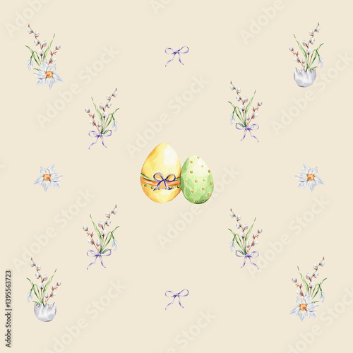 Pattern with a colorful eggs and a bouquets of snowdrop, willows and daffodil on a yellow background.
