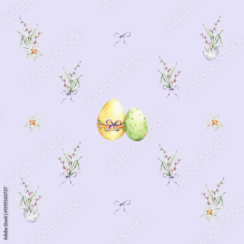 Pattern with a colorful eggs and a bouquets of snowdrop, willows and daffodil on a violet background. photo