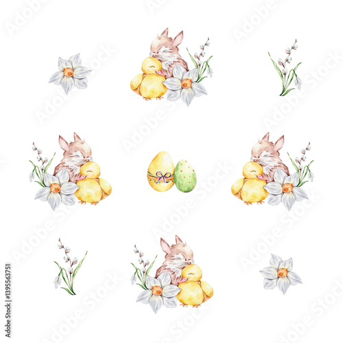 Pattern with a baby rabbit and a duckling hugging, colorful eggs and a bouquet of snowdrop, willows and daffodil on a white background.