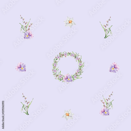 Pattern with a wreath of violets, snowdrops and willow, individual floral elements on a violet background.