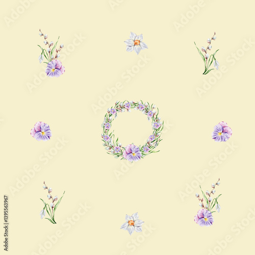Pattern with a wreath of violets, snowdrops and willow, individual floral elements on a yellow background.