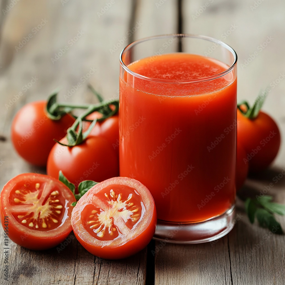 Tomato juice and fresh tomatoes on a wooden table. Healthy drink and diet on a white background Tomato juice and fresh tomatoes on a wooden table. Healthy drink and diet on a white background