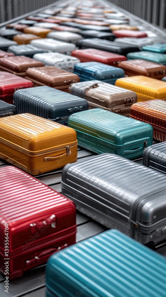 A diverse collection of carry-on luggage near a baggage carousel - trolley chaos tags