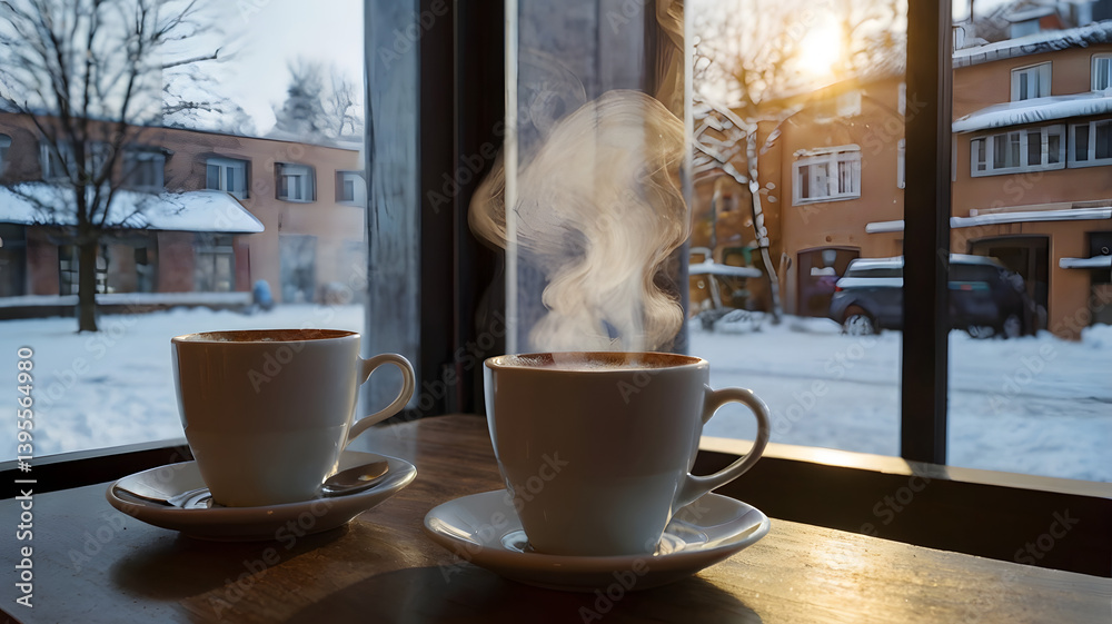 Steaming cup of aromatic coffee on the counter of coffee shop on winter day. Morning breakfast concept