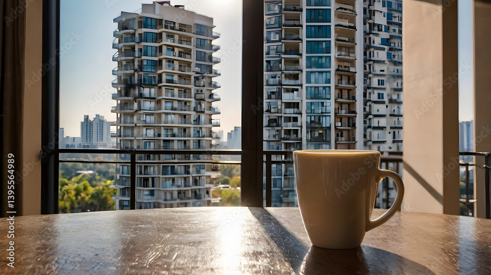 Picture of a coffee cup on a table with a balcony of a condo, hotel and an outside view. It is a picture of a tall building in a big city with morning sunlight.