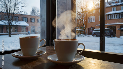 Obraz na płótnie Steaming cup of aromatic coffee on the counter of coffee shop on winter day. Morning breakfast concept w salonie