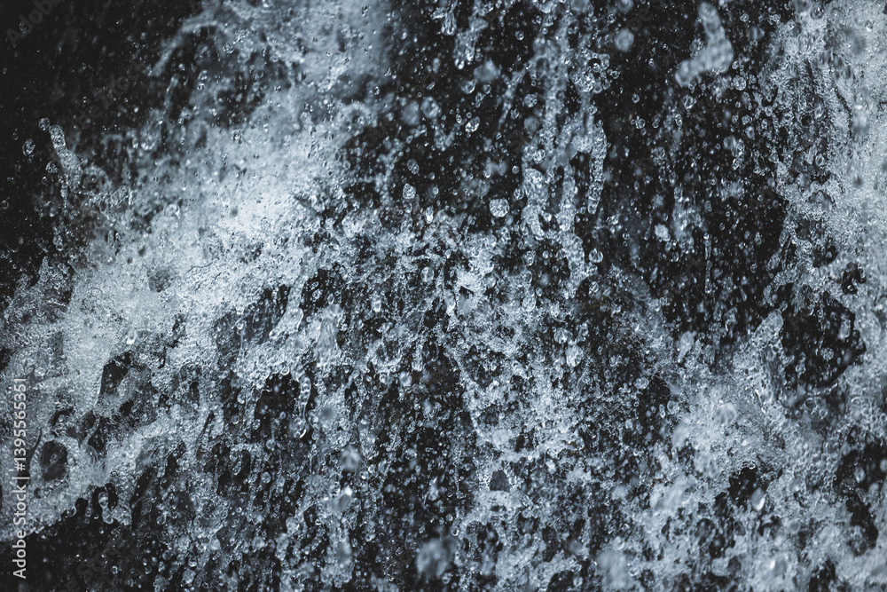 dettagli di tante gocce d'acqua in un grande flusso di una cascata di montagna su sfondo scuro