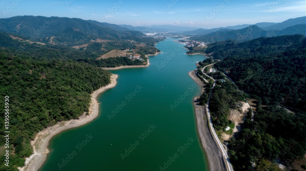 Aerial View of a Large Reservoir Surrounded by Lush Green Hills Aerial View of a Large Reservoir Surrounded by Lush Green Hills