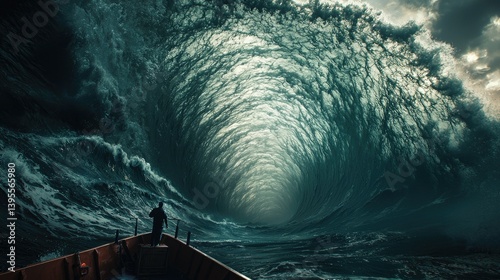 Small boat navigating a massive, turbulent ocean wave tunnel