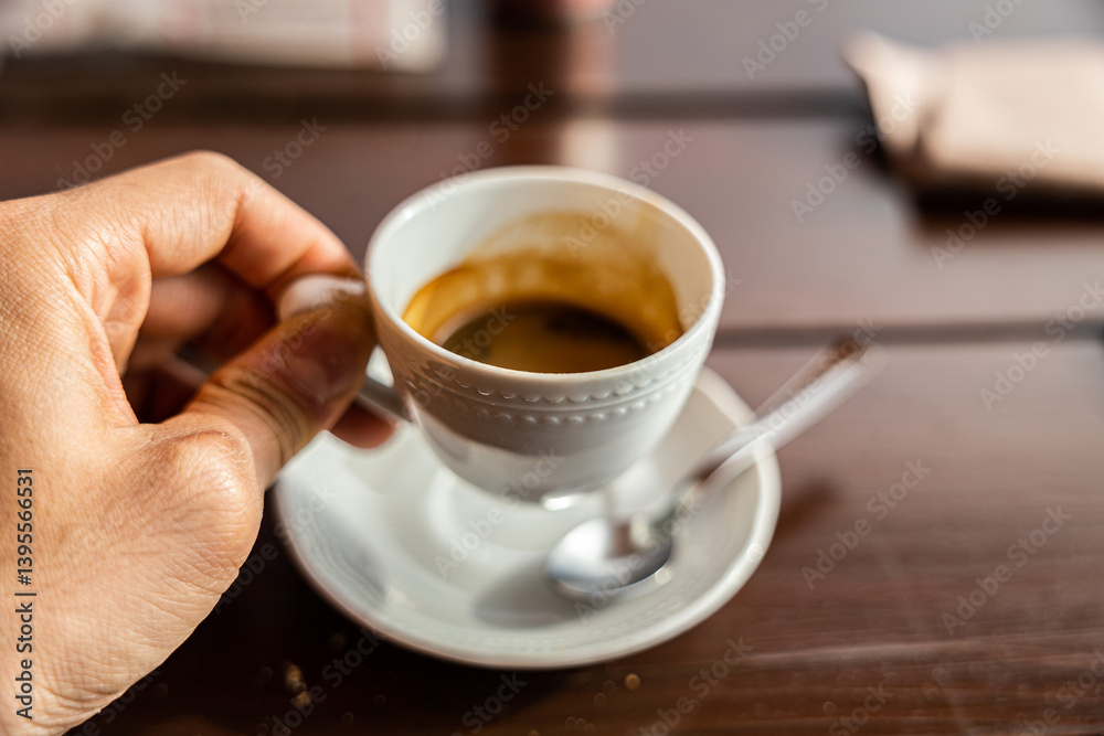 mano di giovane uomo adulto caucasico che regge una tazza bianca con del caffè espresso, al tavolo di un bar, di giorno