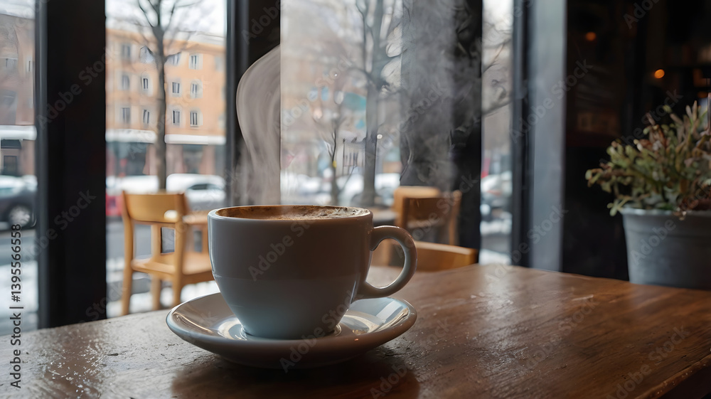 Steaming cup of aromatic coffee on the counter of coffee shop on winter day. Morning breakfast concept