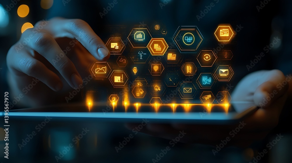 Hands Interacting with Digital Interface on Tablet Displaying Network of Glowing Icons, Information Technology.