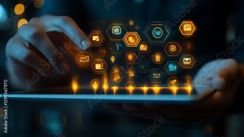 Obraz na płótnie Hands Interacting with Digital Interface on Tablet Displaying Network of Glowing Icons, Information Technology. w salonie