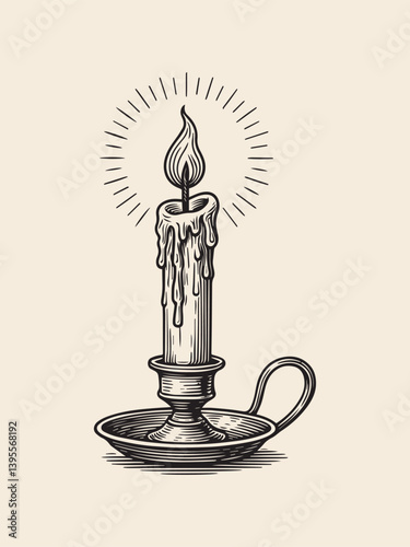 Vintage candle with melting wax and flame in engraving style