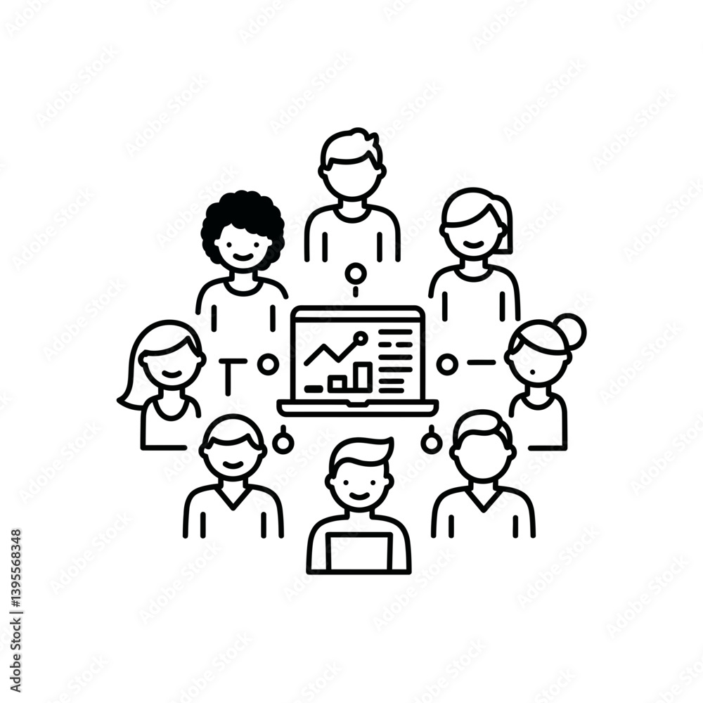 Teamwork and Digital Harmony: Illustrative representation of a collaborative teamwork, as a group of individuals gather together, converging around a central laptop displaying data. Teamwork and Digital Harmony: Illustrative representation of a collaborative teamwork, as a group of individuals gather together, converging around a central laptop displaying data.