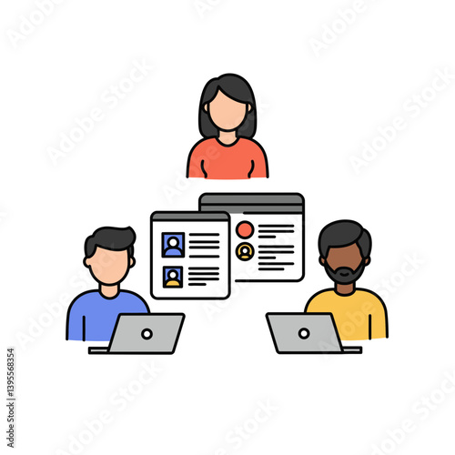 Digital Collaboration: Illustration of individuals engaged in a digital collaboration, centered around networking, data sharing, and streamlined information access.