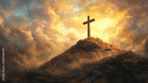 A Cross in the Clouds: The symbolic silhouette of a wooden cross stands atop a majestic hill, bathed in the ethereal glow of a dramatic sunset, a symbol of faith and hope.