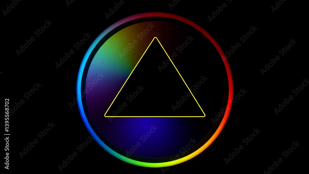 Glowing triangular outline sits within a circular gradient spectrum, radiating vibrant colors against a matte black background Glowing triangular outline sits within a circular gradient spectrum, radiating vibrant colors against a matte black background