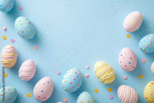 Colorful Decorative Easter Eggs Pattern on Light Blue Textured Background Festive Flat Lay