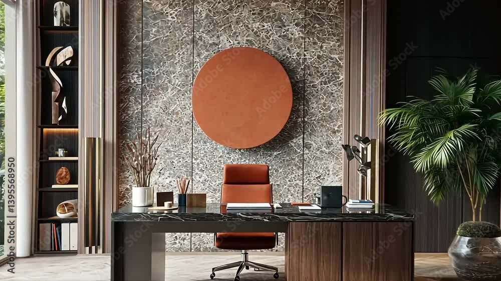 Modern office interior featuring a sleek desk, comfortable chair, and decorative elements, showcasing a harmonious blend of design and nature