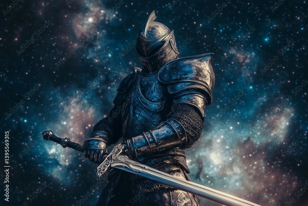 Naklejka premium A swordsman in armor with a sword standing against a backdrop of sparkling stars. Anime