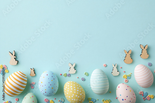 Colorful Decorative Eggs with Wooden Rabbits on a Blue Background for Celebration