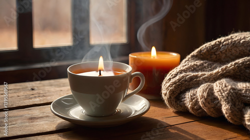 Obraz na płótnie A cup of steaming tea on a wooden table. The tea is surrounded by a cozy scarf and there is a candle in the background. The mood is warm and inviting. w salonie