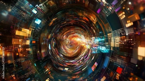 Abstract digital art showing a swirling tunnel with bright colors and geometric shapes.