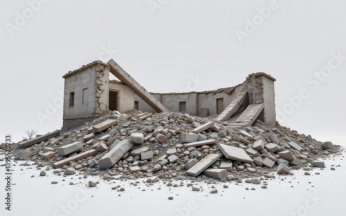 A dilapidated structure lies atop a mound of debris against a stark background