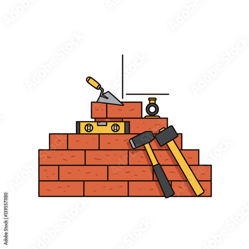 Bricklaying Tools: A graphic of the building a brick wall, showcasing a meticulously arranged assortment of bricklaying tools. Illustrating the core components.