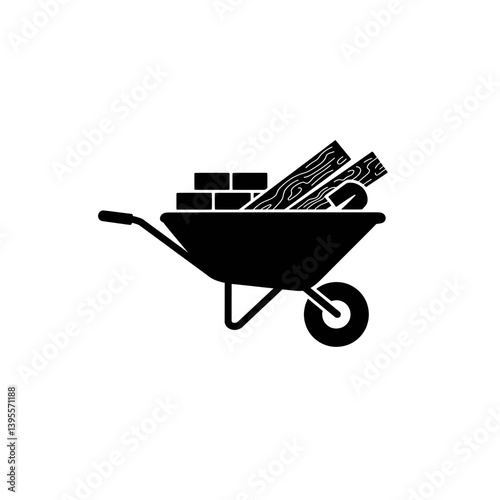 Construction Essentials: A silhouette image captures a wheelbarrow loaded with essential construction elements such as bricks and timber, highlighting building materials in their raw form.